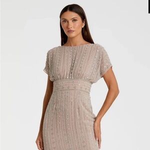 Mac Duggal Taupe Beaded Midi Sheath Dress